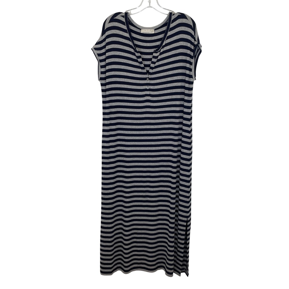 Hatch Maternity Dress Striped Henley Maxi Navy‎ Gray Ribbed Jersey Cozy Size 1 S